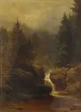 A view of a waterfall within a forestry setting by Theodor Kuchel, 1860, oil on canvas, sold Mar 2023