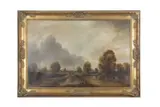 A pastoral landscape scene with a central angler plus by Colin W. Burns, oil on canvas, offered Mar 2023