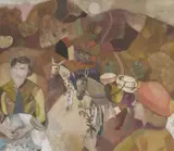 Travellers with donkeys in a Mediterranean landscape by Gwyneth Johnstone, oil on board, sold Mar 2023