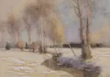 A view from the riverbank in winter by Henry Frank Waring, watercolour, sold Mar 2023