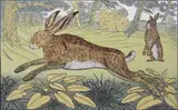 Hares at Holbecks by Richard Bawden Rws Neac, woodcut, sold Mar 2023