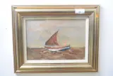 Boat on choppy waters by Jack Cox, mixed media, sold Mar 2023