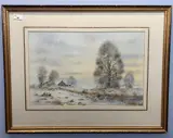 Winter landscape with pheasants in the foreground by Brian Day, watercolour and ink, sold Mar 2023