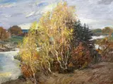 Autumnal scene, impasto oil on canvas, 22x17.5ins by Mikola Apijok, oil on canvas, sold Mar 2023
