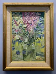 Still life of violet by Mikola Apijok, mixed media on canvas, sold Mar 2023