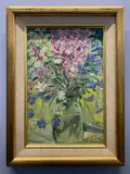 Still life of violet by Mikola Apijok, mixed media on canvas, sold Mar 2023