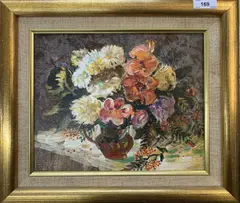 Still life of flowers in a vase by Mikola Apijok, oil on canvas, sold Mar 2023