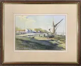 Coastal scene depicting moored boats by Angus M. Stirling, watercolour, sold Mar 2023