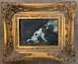 Spaniel in a rural landscape by G. Roy, oil on board, sold Mar 2023