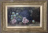 Still life study of grapes by Evelyn Chester, oil on board, offered Mar 2023
