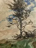 Landscape scene depicting a windswept tree with two by Rudolph Helmut Sauter, 1946, watercolour and ink, sold Mar 2023