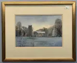 A church in a snow covered landscape by Tony Garner, watercolour, sold Mar 2023