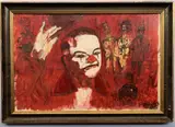 Circus ringleader with surrounding vignette figures by Edward Wheatley, oil on board, sold Mar 2023