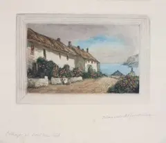 Cottages at Porthoustock by Claude Hamilton Rowbotham, Etching in colours, sold Mar 2023