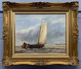 Sail boats off the coast by James J. Allen, oil on board, sold Feb 2023