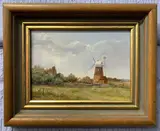 Countryside landscape with windmill and distant buildings by James J. Allen, oil on board, sold Feb 2023