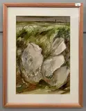 Landscape scene with foreground rocks and distant church by Peter Campbell, oil on card, offered Feb 2023