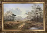 Pheasants in flight over woodland by Wendy Reeves, oil on canvas, sold Feb 2023