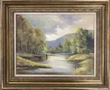 A river and mountain landscape with angler by Shirley Carnt, oil on canvas, sold Feb 2023