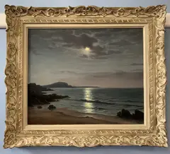 Moonlit seascape by Roger de la Corbière, oil on canvas, sold Feb 2023