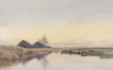 Boathouses at Hickling, Norfolk by William Ayrton, 1911, watercolour, sold Feb 2023