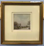 River view with a distant church by Michael Pattersson, watercolour, offered Feb 2023