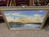 Highland Loch scene with flighting ducks by E Lystra, oil on canvas, sold Feb 2023