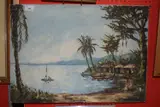 Study of a tropical seaside village by K Paul, oil on canvas, sold Jan 2023