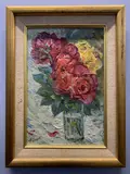 Still life of red and yellow flowers in a clear vase by Mikola Apijok, oil on board, sold Jan 2023