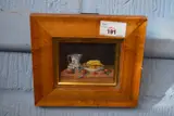Miniature still life study of fruit and ornate jug by Enid Clarke R.M.S., oil on board, sold Jan 2023