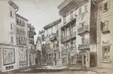 Spanish street scene (San Sebastian) sepia watercolour and ink on card, 15x22.5ins, unframed, unglazed by Charles Potter, watercolour and ink on card, sold Jan 2023