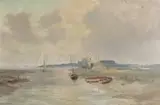 Sailing boats along a shoreline by Marcus Ford, oil on canvas, sold Jan 2023