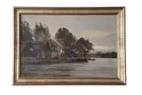 Horning Ferry Inn, overlooking the River Bure, trees beyond by Charles Mayes Wigg, oil on board, sold Jan 2023