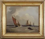 Fishing boats off the coast, surrounded by other shipping by Frederick Calvert, oil on canvas, sold Jan 2023