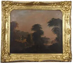 Landscape with figures and a bridge in the middle distance by James Arthur O'Connor, oil on canvas, sold Jan 2023
