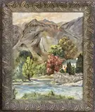 Riverbank view with mountainous ranges by Atrributed to R.M. Mortensen, oil on board, sold Jan 2023