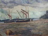 Barges, River Orwell by Ralph Herring, oil on board, sold Jan 2023