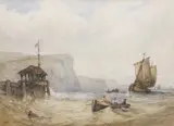 Ships off the coast and figures rowing ashore by William Callow, watercolour, sold Jan 2023