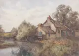 A thatched cottage by a pond by Ethel Rawlins, 1899, watercolour, sold Jan 2023