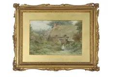 A figure and cat with thatched cottage beyond by Helen Allingham, watercolour, sold Jan 2023