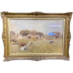 A village scene with grazing cattle by Charles James Fox, watercolour, sold Jan 2023