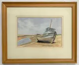 Beached boats on a shore line by Norna Johnston, watercolour, sold Jan 2023