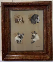 Profile study of a cat and two dogs by Gordon Beningfield, watercolour and gouache, offered Jan 2023