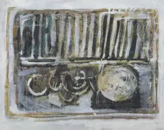 Abstract design by Kay Ohsten, 1986, mixed media, offered Jan 2023