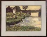 Children and family at play at the river by Owen Waters, oil on board, sold Dec 2022