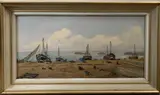 Fishing boats at rest by James Wright, oil on board, offered Dec 2022