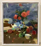 Still life study of roses in a vase with surrounding by Sergei Kovalenko, oil on canvas, offered Dec 2022