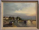 North Norfolk estuary scene with boats by John Tuck, oil on board, sold Dec 2022