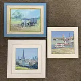 Southwold Harbour'; 'Norfolk Harvest Wagon'; 'Norwich from Mousehold Heath by Christopher Hollick, oil on board, offered Dec 2022