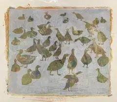 Ornithological silhouette montage by Kay Ohsten, mixed media on card, offered Dec 2022